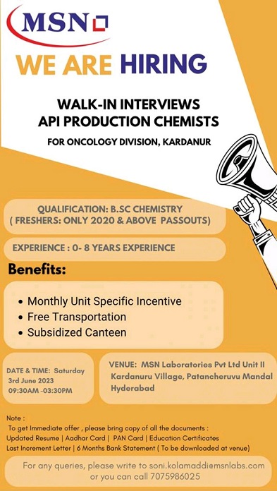 MSN Laboratories Pvt. Ltd; Walk-In Drive for Freshers & Experienced in Production On 3rd June 2023