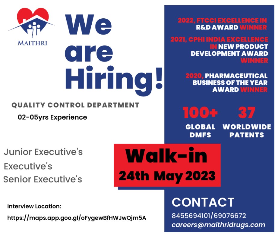 Maithri Drugs Pvt. Ltd; Walk-In for B.Pharm, M.Pharm, B.Sc, M.Sc on 24th May’ 2023