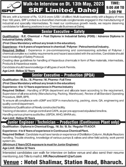 SRF Limited -Walk-In Interviews for Production / IPQA/ Safety On 13th May 2023