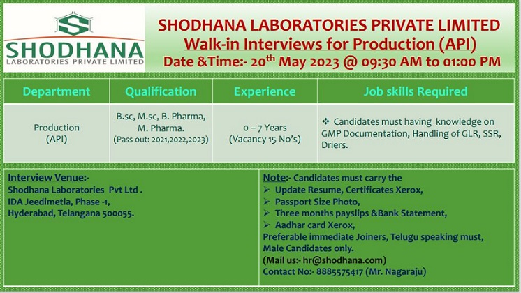 Shodhana Laboratories Limited; Walk-In Interview for Freshers & Experienced in Production On 20th May’ 2023