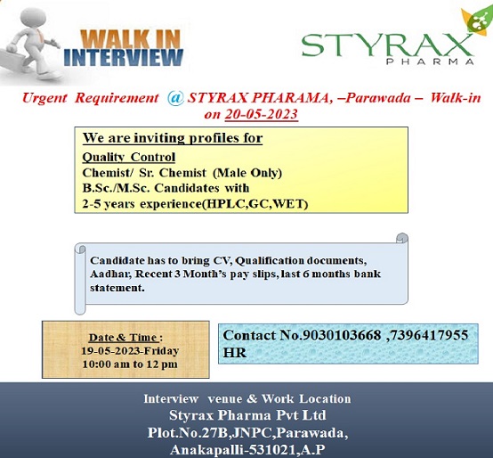 STYRAX Pharma; Walk-In Interview for Quality Control On 20th May 2023