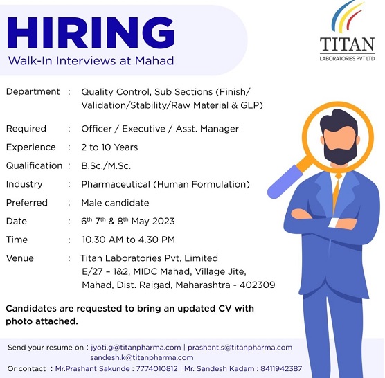 Titan Laboratories; Walk-In Interviews for Quality Control On 6th to 8th May’ 2023