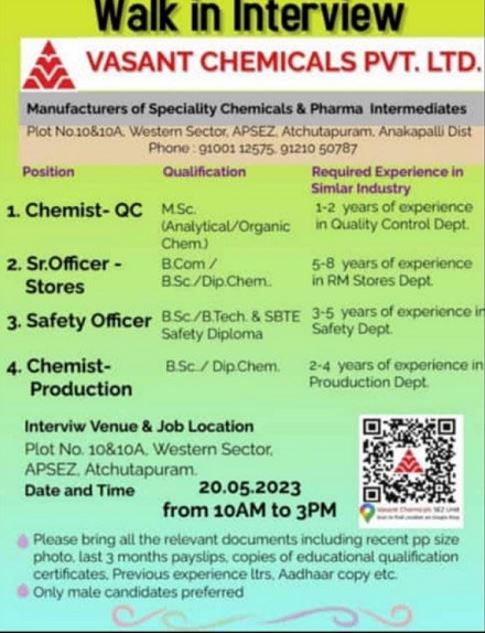Vasant Chemicals Pvt. Ltd; Walk-In Interviews for QC/ Stores/ Safety/ Production On 20th May 2023