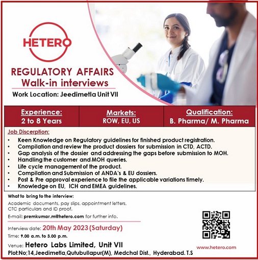Hetero Labs Limited; Walk-In Interviews for Regulatory Affairs On 20th May 2023