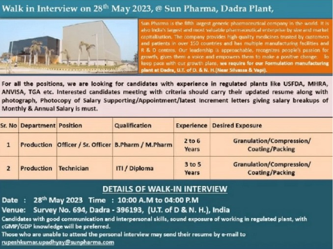 Sun Pharma; Walk-In Drive for Production-Officer/ Sr. Officer/ Technician On 28th May’ 2023