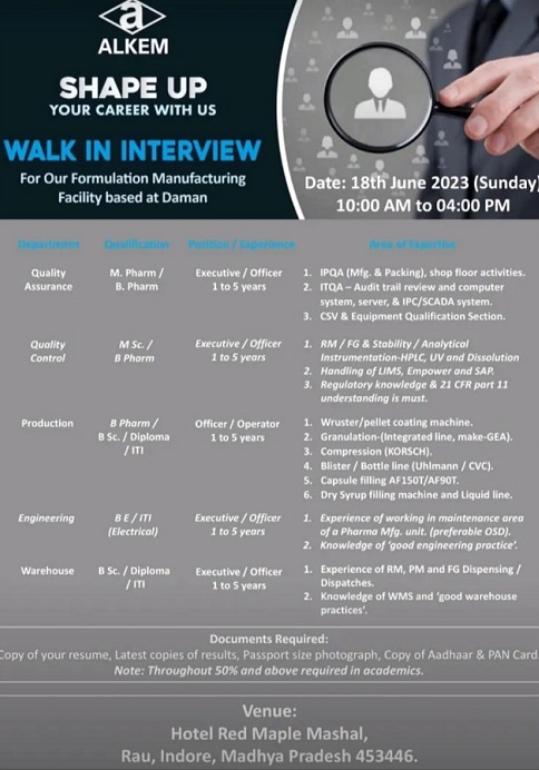 Alkem Laboratories- Walk-In Interviews for QC/ QA/ Production/ Engineering/ Warehouse On 18th June 2023