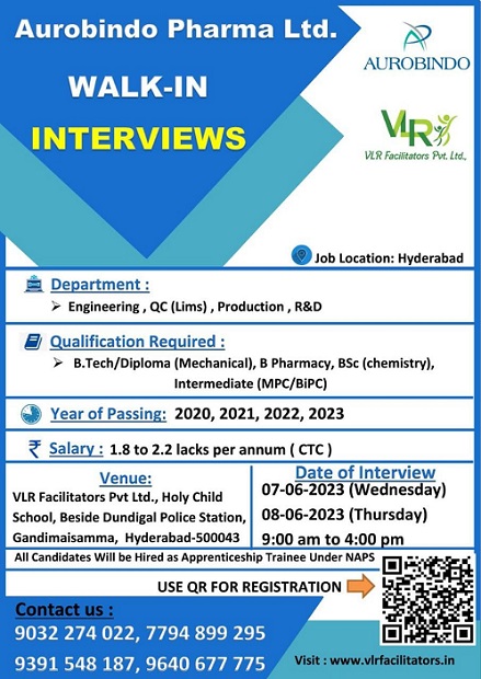 Aurobindo Pharma; Walk-In Interviews for various Department On 7th & 8th June 2023