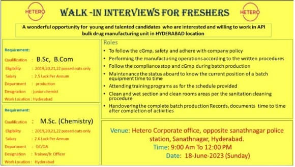 Hetero Labs Limited-Walk-In Interviews for Freshers in Production/ QA/ QC On 18th June 2023