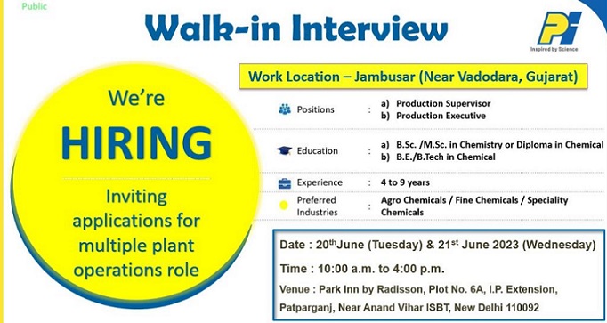 PI Industries Ltd- Walk-In Interview for Production Supervisor/ Executive On 20th & 21st June 2023