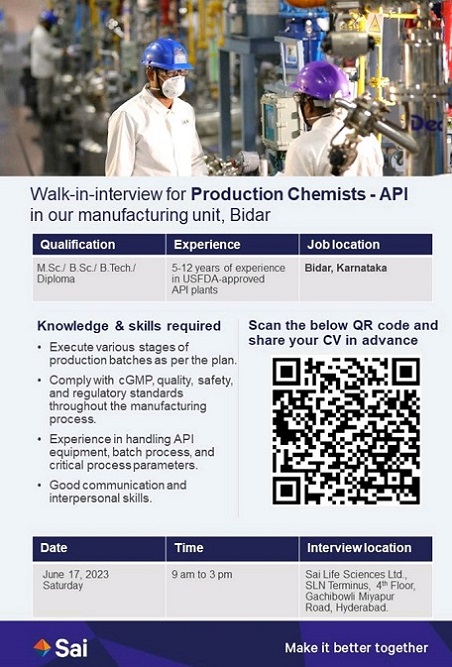 Sai Life Sciences Limited- Walk-In Drive for Production Chemist (API) On 17th June 2023