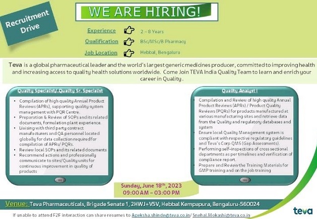 Teva Pharmaceuticals; Walk-In Interview for Quality Department On 18th June 2023