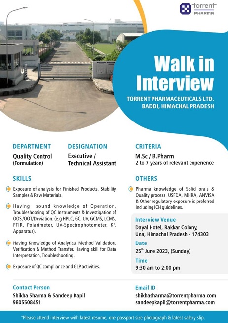 Torrent Pharmaceutical Limited; Walk-In Interview for Quality Control (Formulation) On 25th June 2023