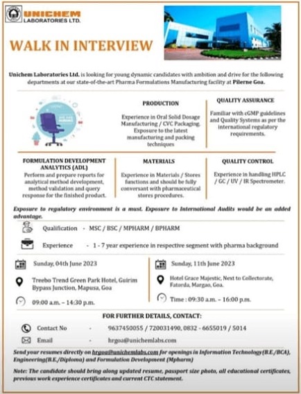 Unichem Laboratories; Walk-In Interviews for QC/ QA/ ADL/ Production/ Materials On 11th June 2023