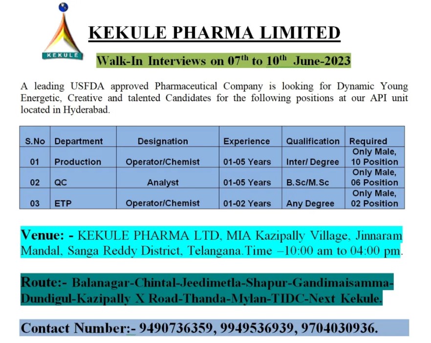 Kekule Pharma – Walk-In Interviews for Production / QC / ETP on 7th to 10th June’ 2023