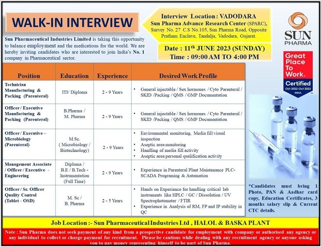 Sun Pharma- Walk-In Drive for QC/ Manufacturing/ Packing/ Microbiology/ Engineering On 11th June 2023