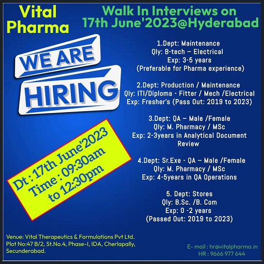 Vital Pharma -Walk-In Drive for Freshers & Experienced in Production/ Maintenance/ QA/ Stores On 17th June 2023
