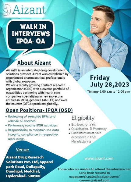 Aizant Drug Research Solutions Pvt. Ltd- Walk-In Interviews On 28th July 2023