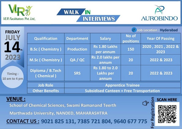 Aurobindo Pharma; (190 Openings) Walk-In Interviews On 14th July 2023