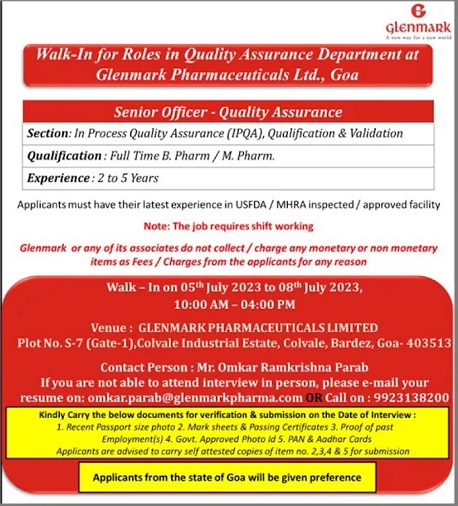 Glenmark Pharmaceuticals Walk-In Interviews For Quality Assurance On ...