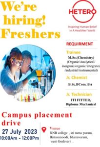 Hetero Labs Limited-Campus Placement Drive for Freshers in On 27th July 2023