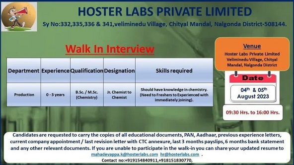 Hoster Labs Pvt. Ltd-Walk-In Interview On 4th & 5th August 2023
