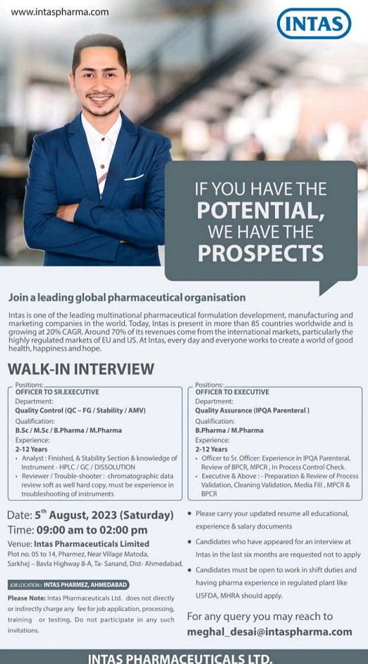 Intas Pharmaceuticals Ltd-Walk-In Drive On 5th August 2023