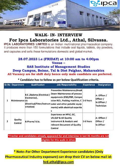 Ipca Laboratories Ltd- Walk-In Interviews On 28th July 2023