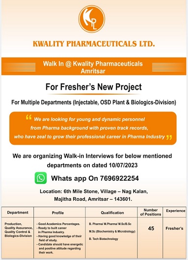Kwality Pharmaceuticals Ltd- Walk-In Interviews On 10th July 2023