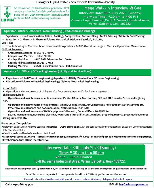 30th July 2023 Lupin Limited Walk-In Drive for Multiple Positions