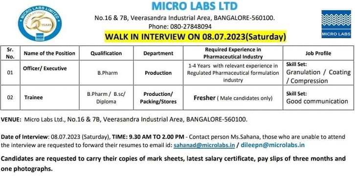 Micro Lab Limited Walk-In Interview On 8th July 2023