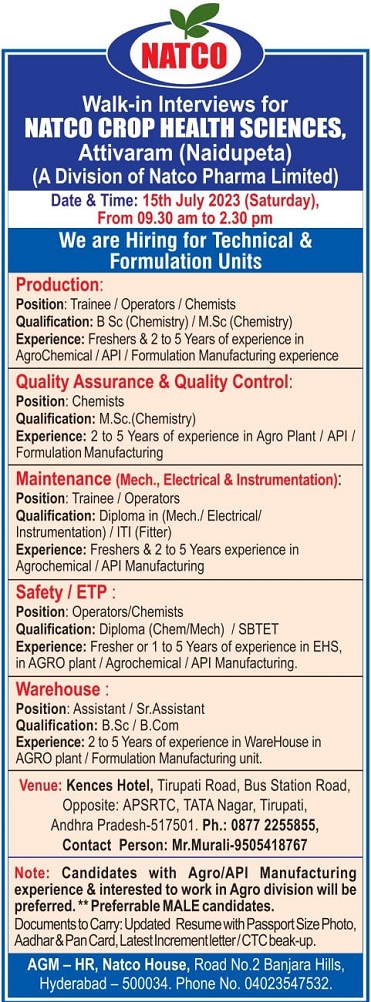 Natco Crop Health Sciences-Walk-In Drive for Freshers & Experienced On 15th July 2023