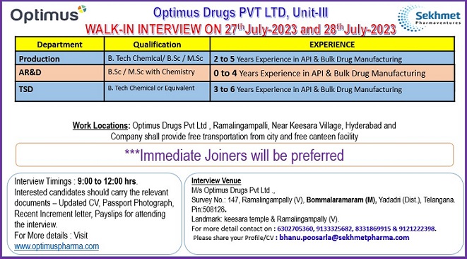 Optimus Drugs: Walk-In Interview On 27th & 28th July 2023
