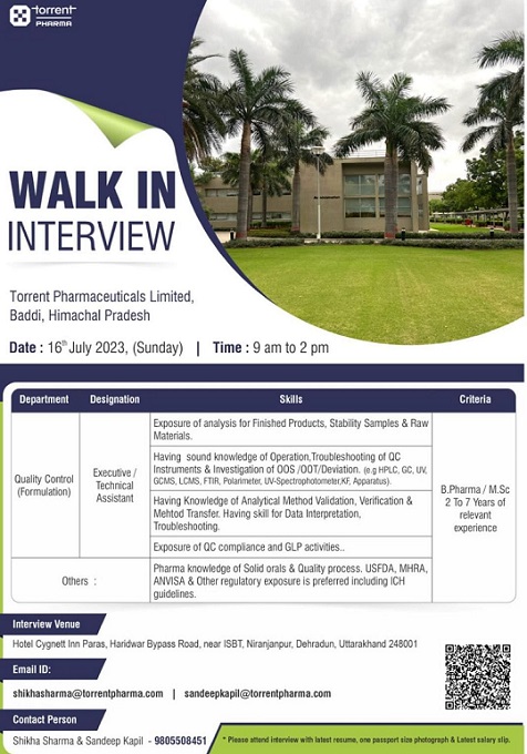 Torrent Pharmaceutical Limited- Walk-In Interview for Quality Control (Formulation) On 16th July 2023