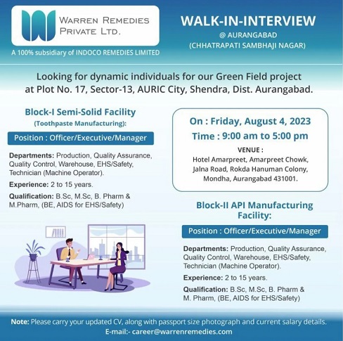 Warren Remedies Pvt. Ltd -Walk-In Interviews On 4th August 2023