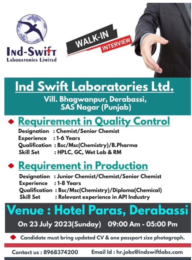 Ind-Swift Laboratories – Walk-In Interviews on 23rd July 2023