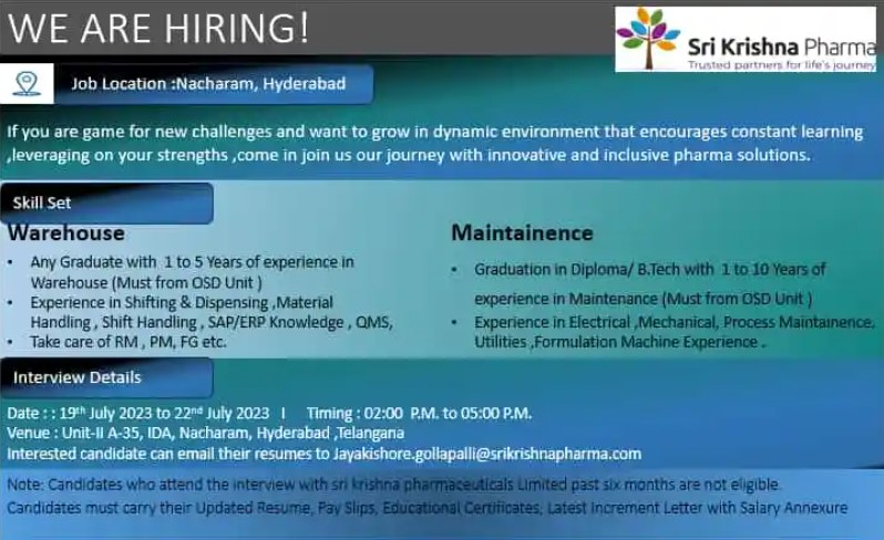 Sri Krishna Pharma; Walk-In Interview for Multiple Positions on 19th – 22nd July’ 2023 1