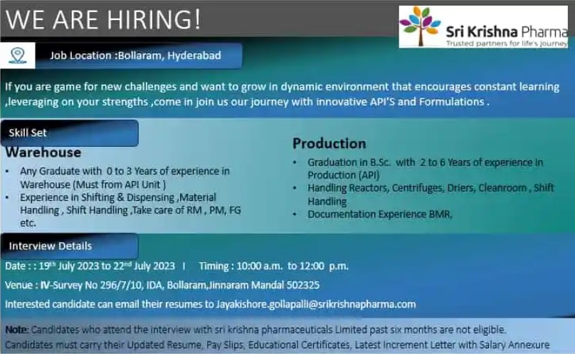 Sri Krishna Pharma; Walk-In Interview for Multiple Positions on 19th – 22nd July’ 2023