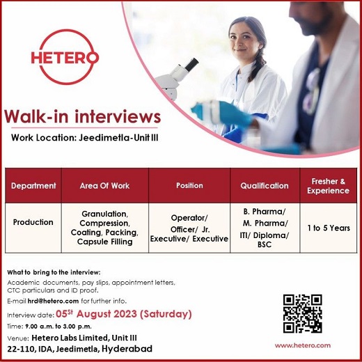 Hetero Labs Limited-Walk-In Interviews On 5th August 2023