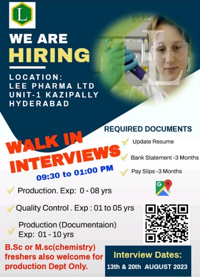 Lee Pharma Limited- Walk-In Interviews On 13th & 20th Aug’ 2023
