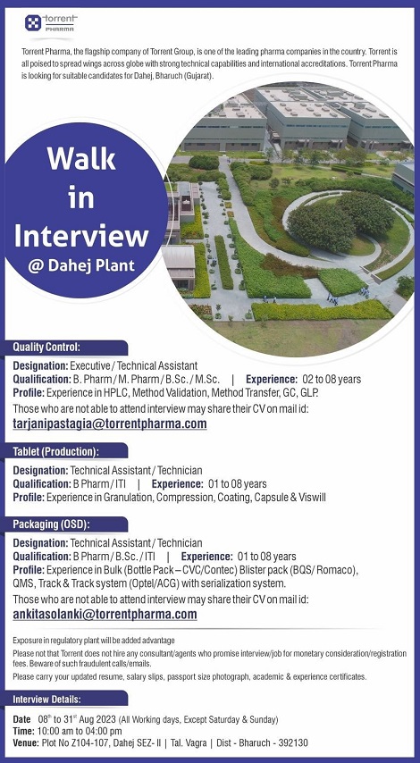 Torrent Pharmaceutical Limited- Walk-In Interview On 11th to 31st August 2023