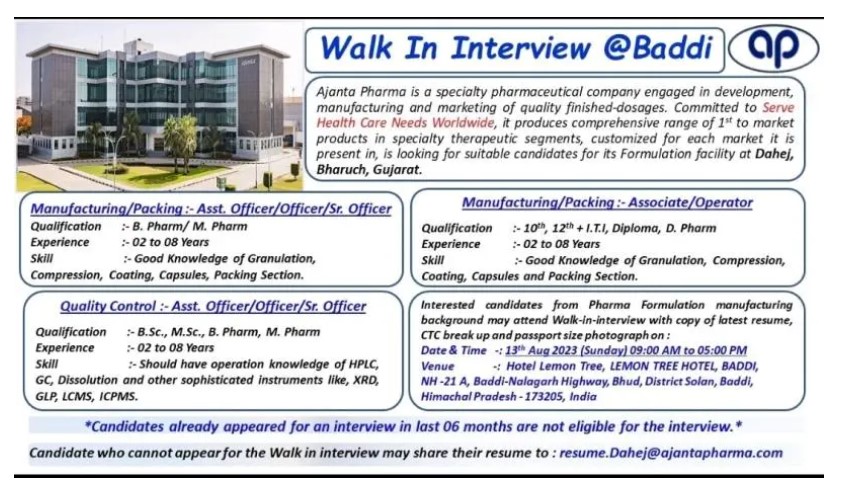 Ajanta Pharma Limited – Walk-In Interviews on 13th Aug. 2023 for Multiple Positions