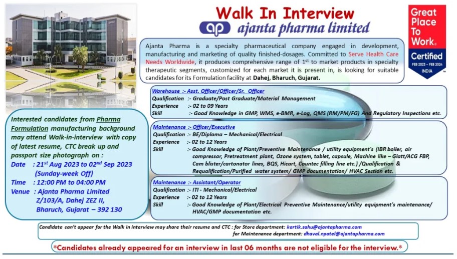 Ajanta Pharma Limited – Walk-In Interviews