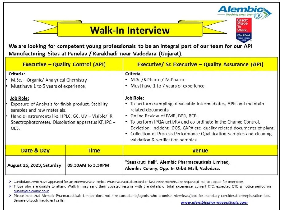 Alembic Pharma Walk-In Interviews: 26 August 2023