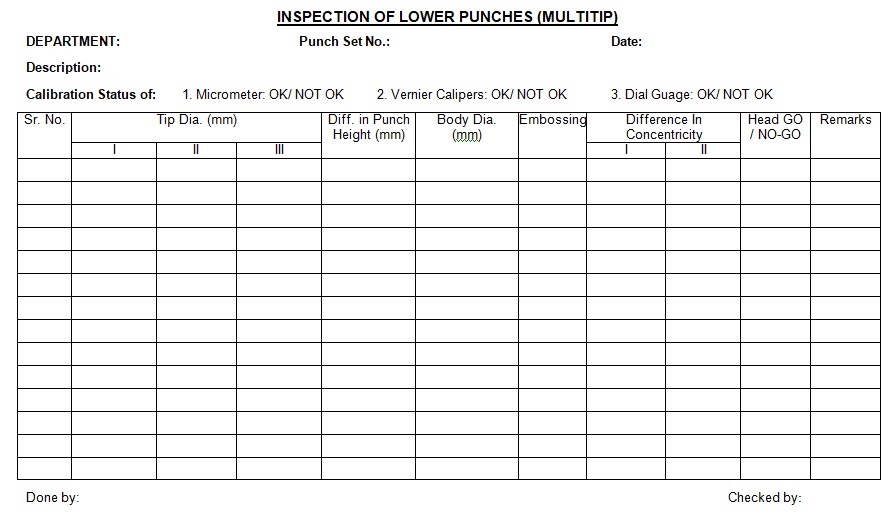 ANNEXURE – V: Inspection of Lower Punches (Multitip)