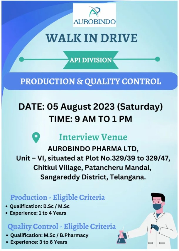 Aurobindo Pharma – Walk-In Interviews on 5th August’ 2023 @ Hyderabad