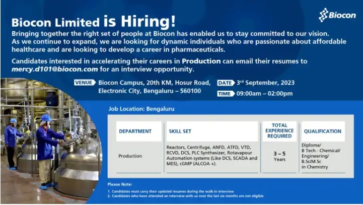 Biocon Bangalore Jobs notification