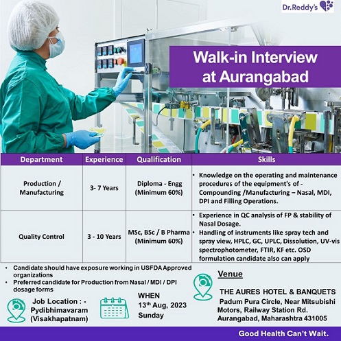 Dr. Reddy’s Laboratories Ltd.-Walk-In Interviews On 13th August 2023