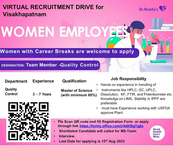 Dr. Reddy’s Laboratories Ltd. Apply now for Virtual Recruitment Drive.
