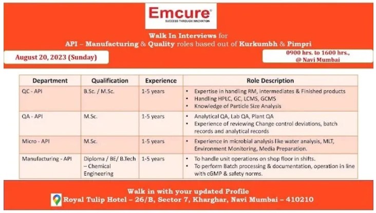 Emcure Pharma Walk-Ins Interview