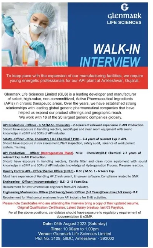 Glenmark Life Sciences Limited – Walk-In Interviews on 5th Aug’ 2023